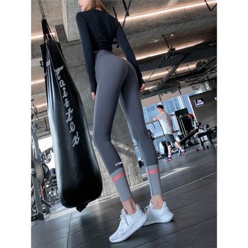 拼色蜜桃健身褲女高腰提臀彈力瑜伽褲跑步緊身運動打底褲字母長褲