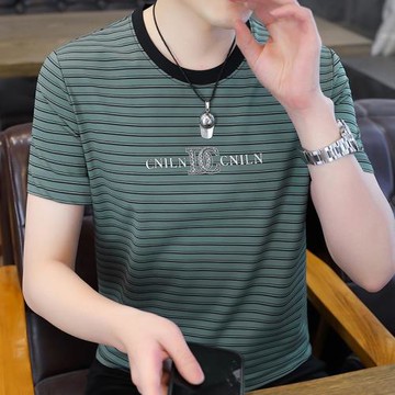 2025新款男士冰絲燙鉆短袖t恤潮牌高端夏季圓領條紋半袖冰感上衣