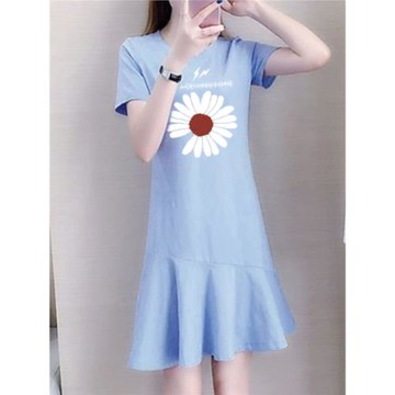 純棉休閑短袖連衣裙女夏季流行魚尾不規則拼接t恤裙顯瘦氣質裙子