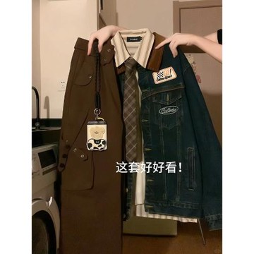 2024春秋季美式復古拼接刺繡牛仔外套女學生寬松百搭牛仔衣夾克潮