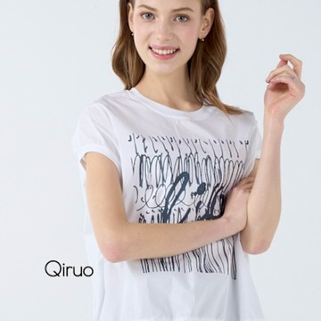 Qiruo 奇若春夏專櫃白色上衣3239A 胸前英文草書