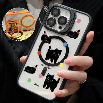 五隻黑貓 磁吸手機殼 金屬鏡頭支架 保護殼 適用於iPhone 17 16 15 14 13 12 11 Max防摔殼