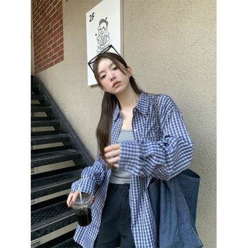 休閑藍色寬松防曬長袖格子襯衫