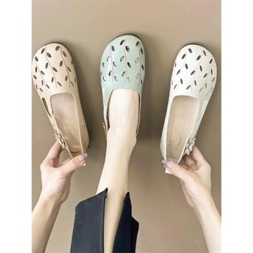 森女系復古文藝鏤空軟皮透氣涼鞋女夏季圓頭軟底洞洞鞋手工媽媽鞋