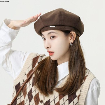 【大頭圍顯臉小】貝雷帽 夏季 金屬標 貝雷帽女 潮流 八角帽 大頭圍 顯臉小 時尚 文藝 畫家帽 帽子女 漁夫帽女 貝雷