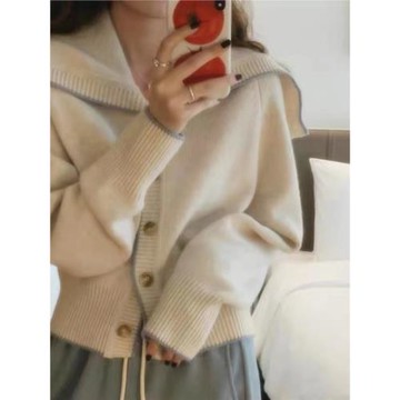 秋冬新款韓國高端加厚女海軍領毛衣開衫羊毛針織寬松打底上衣外套