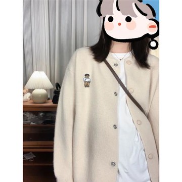 軟糯小熊刺繡毛衣外套女2025新款春秋圓領外搭針織衫初春開衫上衣