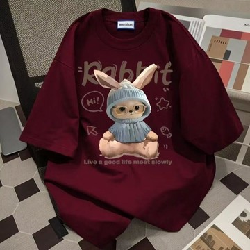 現款免運 純棉T恤 卡通短袖 印花T恤 重磅純棉港風休閒兔子印花短袖T恤男女寬鬆夏季ins慵懶風半袖上衣Fk