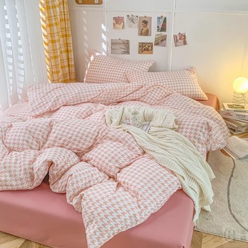 北歐宜家風 床包四件組 單人/雙人/加大雙人床包四件組 床套組 床罩床單組 薄款兩用被 枕頭套 4件組-千鳥格-粉