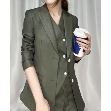 原創時尚綠豆色女士修身英倫三件套職業時尚套裝馬甲氣質女神西裝
