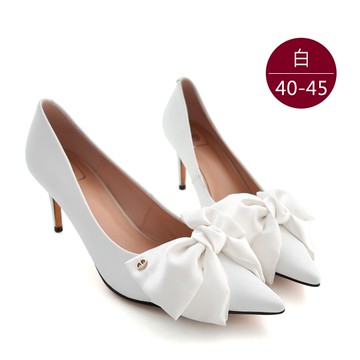 中大尺碼女鞋220325【GXC2317】真皮緞面蝴蝶結尖頭細跟鞋/高跟鞋 40-45碼 172巷鞋舖(預購)白