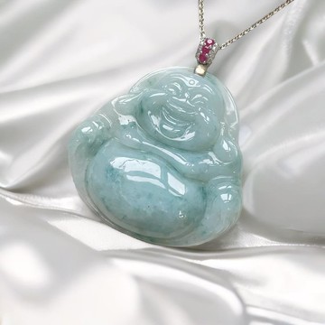 冰糯飄藍花翡翠彌勒佛項鍊 925純銀 | 天然緬甸玉翡翠A貨 | 送禮