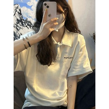 台出 上衣 短袖 POLO衫 t恤 polo領 百搭 美式短袖t恤女上衣Polo衫夏季新款ins設計寬鬆百搭白色潮