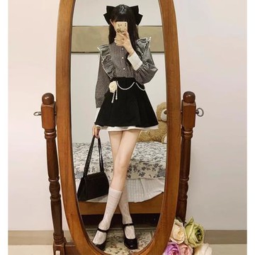 學院風套裝女格子長袖襯衫上衣秋季新款韓系半身裙洋氣減齡兩件套