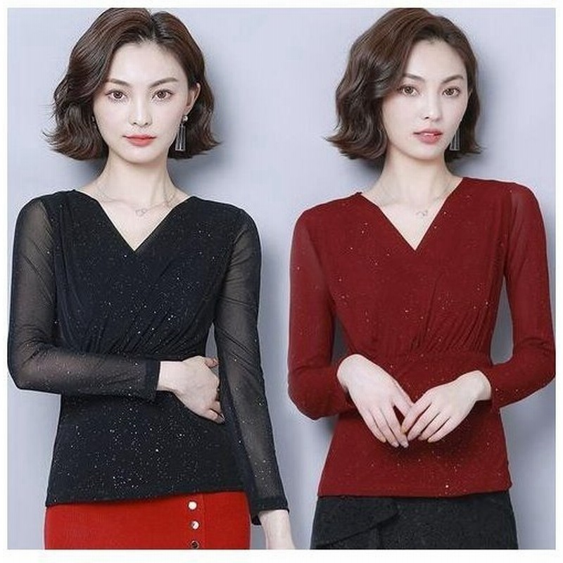 Tシャツ シースルーtシャツ Vネック インナーブラウス レディース トップス インナー キレイめ 透け感 キラキラ ブラウス フォーマル 秋冬 通販 Lineポイント最大get Lineショッピング