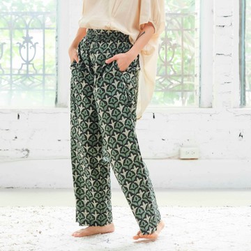 印度蓋染抽繩直筒長褲 / 巴里紗 綠松果