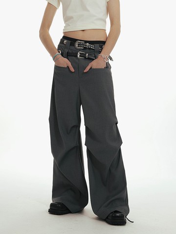 Unvesno (UN) 雙腰頭百搭基礎打褶廓形垂感西褲  TR-3178