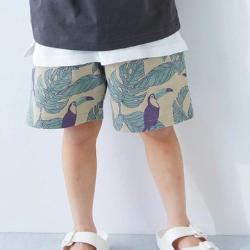 日本 devirock - 夏日印花純棉寬版短褲-植物與鳥-淺米棕
