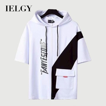IELGY 男士連帽短袖t恤寬鬆嘻哈拼接百搭