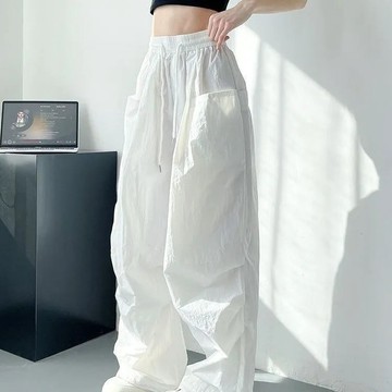 臺灣熱銷🔥美式復古夏季薄款白色傘兵褲女高腰夏季寬鬆抽繩運動休閒工裝褲