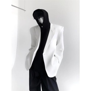 高級感痞帥戧駁領白色墊肩西裝外套男韓版潮流寬松春秋垂感單西服