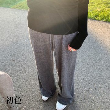 初色 韓系慵懶捲邊鬆緊腰針織拖地休閒褲顯瘦闊腿寬褲長褲-共2色-17025(F可選)