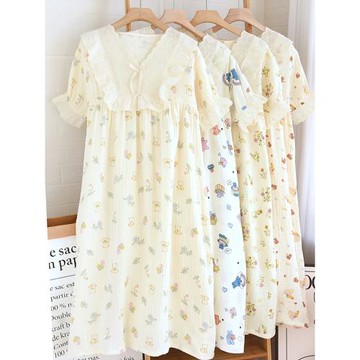 夏季純棉短袖睡裙女士純棉紗布宮廷風蕾絲領家居裙可愛公主裙