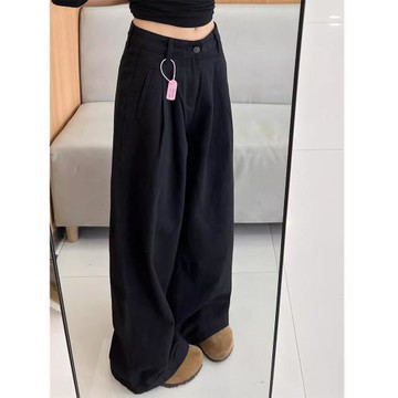 大碼褶皺黑色闊腿牛仔褲女秋冬新款高腰寬松顯瘦垂感休閑拖地褲子