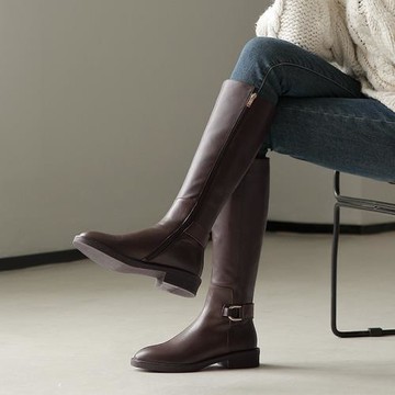 網紅不過膝長靴女平底2024秋冬新款高筒靴子加絨真皮小個子騎士靴
