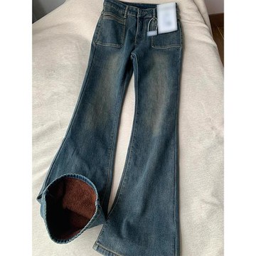 胖mm大碼女裝復古微喇牛仔褲女冬季新款高腰顯瘦彈力加絨喇叭褲子