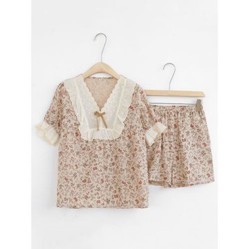 韓版甜美碎花睡衣女夏季短袖短褲蕾絲花邊娃娃領寬松家居服套裝