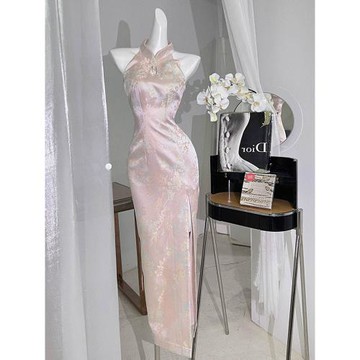 中華娘旗袍改良年輕款少女訂婚新中式國風絕美粉色掛脖連衣裙女秋