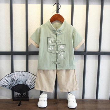 兒童國學服漢服男童唐裝夏裝短袖夏季棉綢童裝男寶寶套裝中國風潮