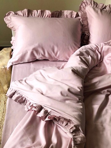 帶荷葉邊的粉色被套，天然 100% 純棉緞面