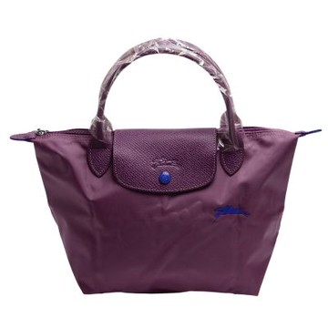 LONGCHAMP 經典LE PLIAGE刺繡暗釦/拉鍊短提把尼龍水餃包(小-梅紅色)