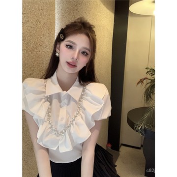 2025年不規則白色polo上衣女夏襯衣鑲鑽領荷葉邊重工襯衫緊身短款泡泡袖 韓國女裝 夏天女裝 短袖襯衫 古著 短版襯衫