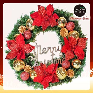 MODACore 摩達客 - 耶誕-20吋浪漫朵朵聖誕花豪華綠色聖誕花圈福臨圈(紅金系)(台灣手工藝製/免組裝) 本島...