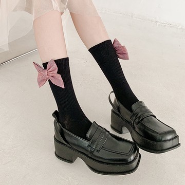 女襪 側面大蝴蝶結襪 可愛女生 日系lolita甜美棉襪 黑白色jk公主立體襪子