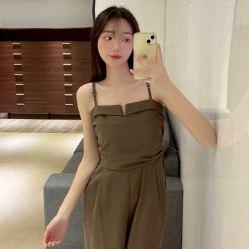 小V吊帶收腰連身褲【239】Sandy33實拍春夏新款韓系INS修身顯瘦氣質露肩無袖細肩帶高腰連身長褲 落地褲連體褲