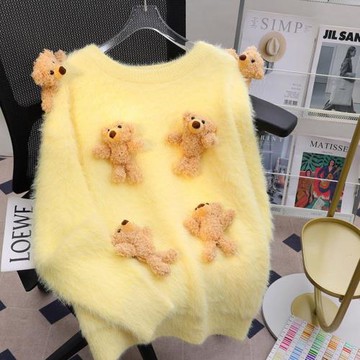 3D立體奶fufu軟糯慵懶黃色毛衣女秋冬2024新款潮牌針織毛衫外套女