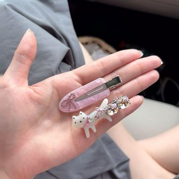 ✨臺灣出貨✨可愛貓咪水鑽髮夾粉色蝴蝶結鴨嘴夾甜美少女側邊夾碎髮劉海夾
