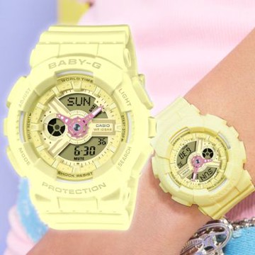 CASIO卡西歐 BA-110系列 BA-110AH-9A 馬卡龍色系 可愛雙顯腕錶 檸檬黃色 43.4 mm