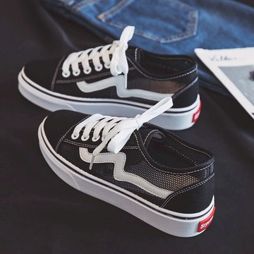 新款春夏季網面帆布鞋女學生韓版潮透氣網鞋黑色百搭低幫板鞋