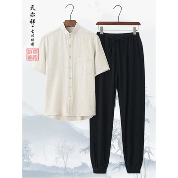 中式薄款爸爸套裝唐裝男士夏季短袖中國風改良紐扣外套立領中山裝