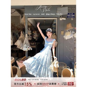 (免運)Acaine藍色長款雪紡印花小飛袖吊帶連衣裙女夏季法式甜美顯瘦裙子