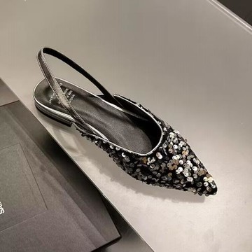 詩歌蘭包頭涼鞋女一字帶仙女風2023年新款尖頭平底手工亮片涼拖鞋