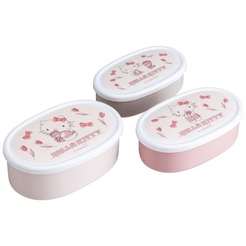 小禮堂 Hello Kitty 橢圓形保鮮盒3入組 Ag+ (粉鬱金香款) 4973307-598685