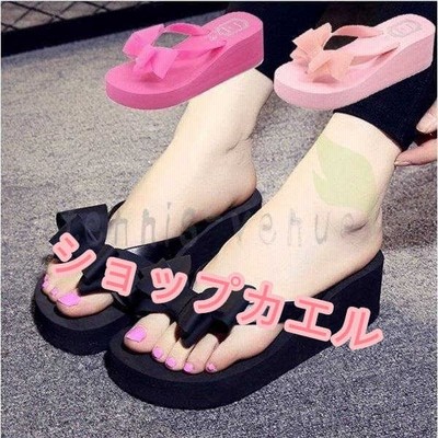 ビーチサンダル 可愛いトングサンダル レジャー用 ヒール トレンド大人 ウェッジソール 厚底ビーサン 軽量 厚底 リボン シンプル トング 通販 Lineポイント最大get Lineショッピング