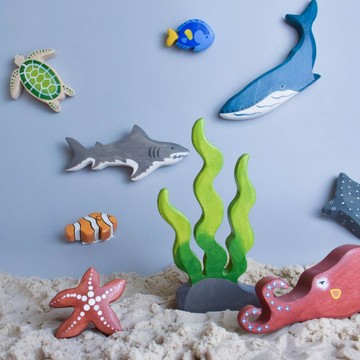 手工木製海洋動物玩具組合，蒙特梭海洋生物擺件禮物