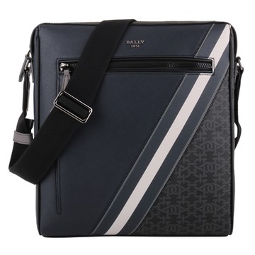 BALLY  Mecoy 金屬銀字拼接皮革直式斜背包(海軍藍)